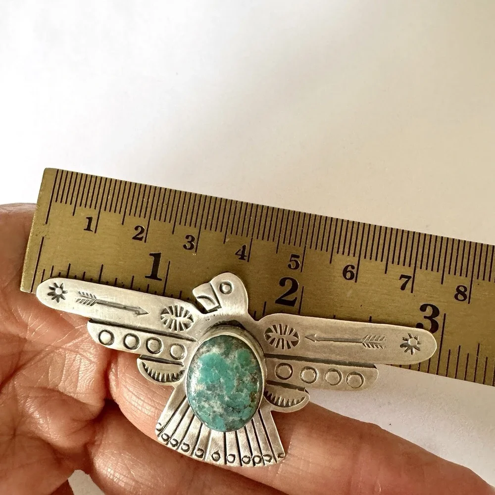 HUGE Navajo Turquoise Thunderbird Ring Sz 8 Stamped Sterling Silver Signed James